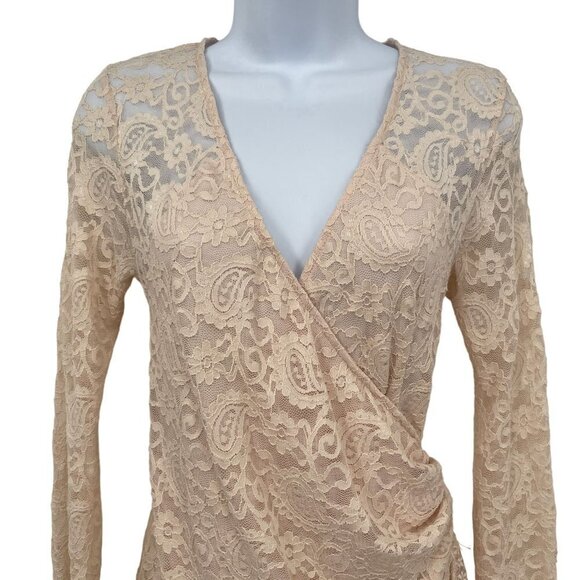 NEW Free People Pearl Lace Long Sleeve Faux Wrap Fitted Mini Dress Ivory - Picture 6 of 16